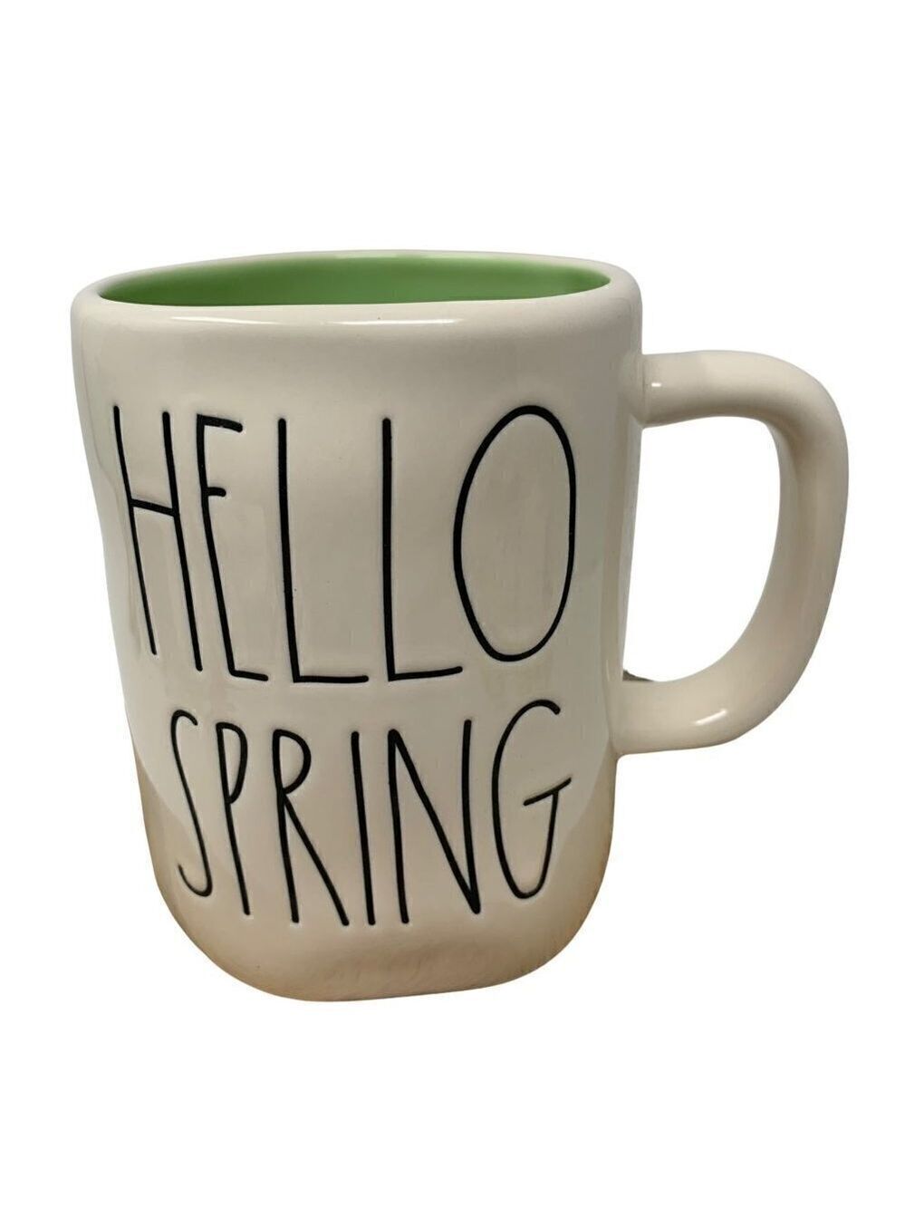 Rae Dunn Hello Spring Mug Coffee Cup Ceramic Farmhouse Magenta White Green LL